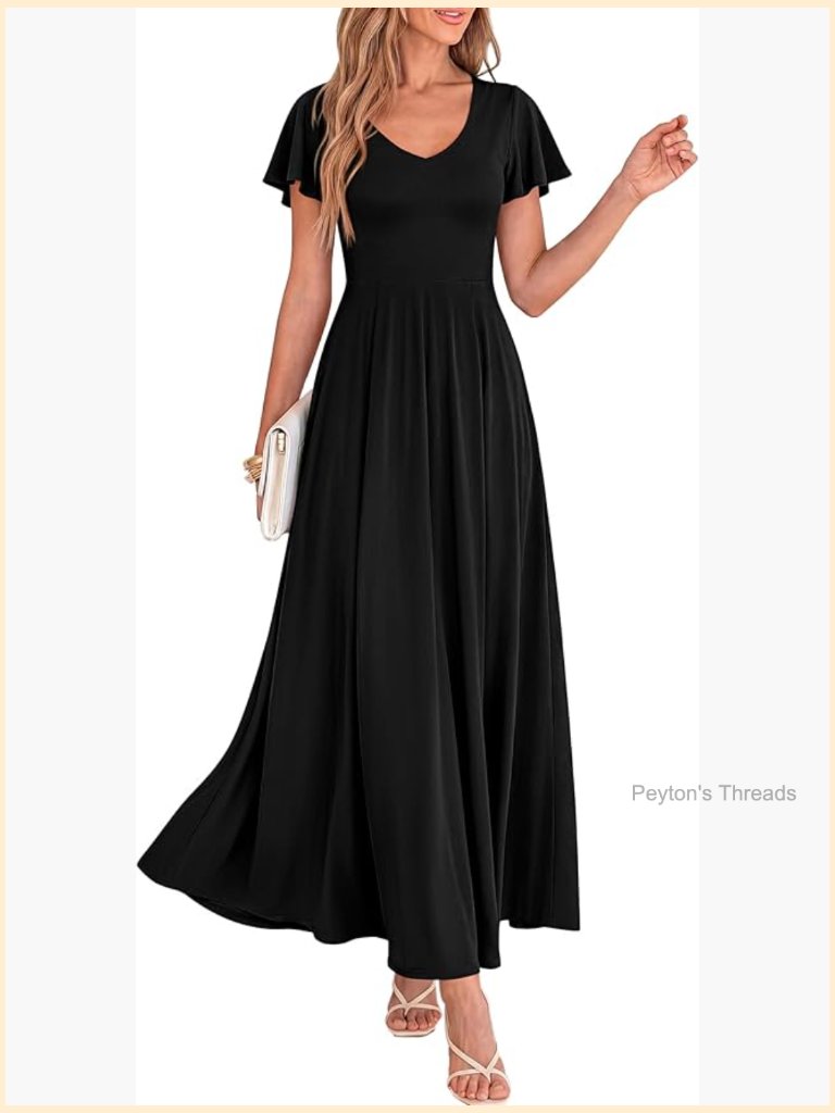 V Neck Ruffle Sleeve A Line Maxi Formal Wedding Guest Dress